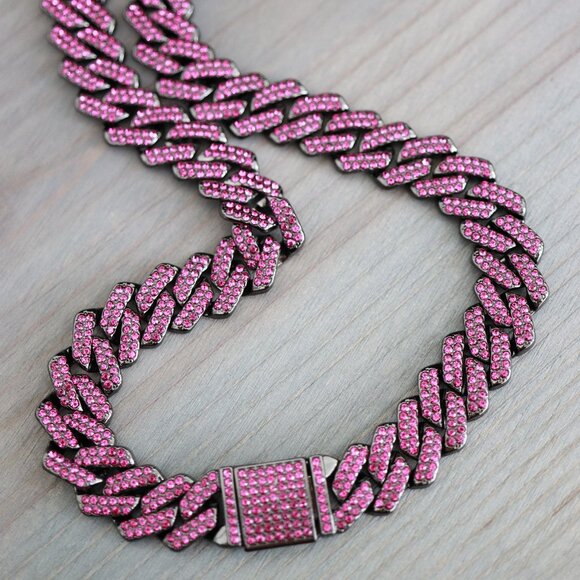 14mm 20inches Cuban Ice Curb Diamond Chain Purple/Black Necklace with Rhinestone - Picture 2 of 3